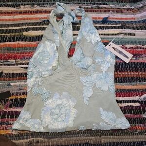 Y2k Tank Top Halter Top Lace Floral Teal Tank Top Y2k Top Viral Tiktok